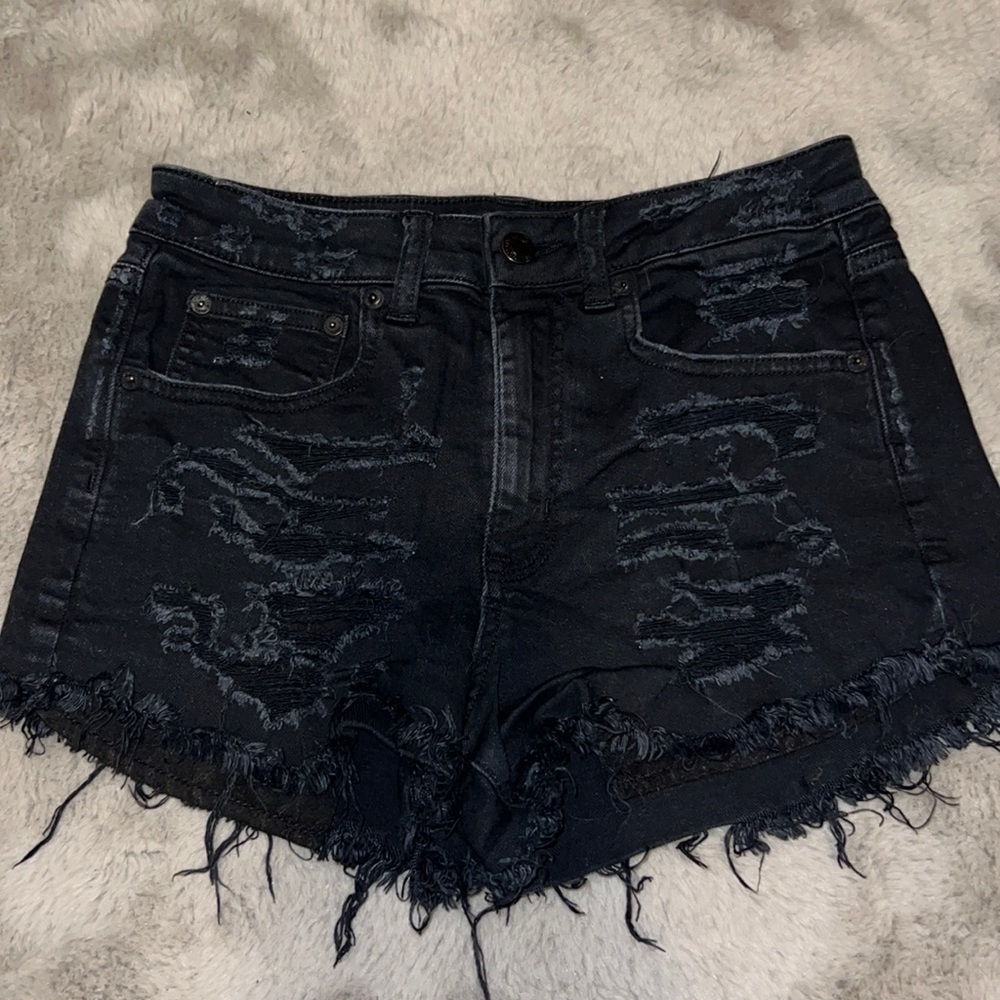 American Eagle Outfitters Stretch Black Ripped Jean High-Rise Shorts, Women’s 2